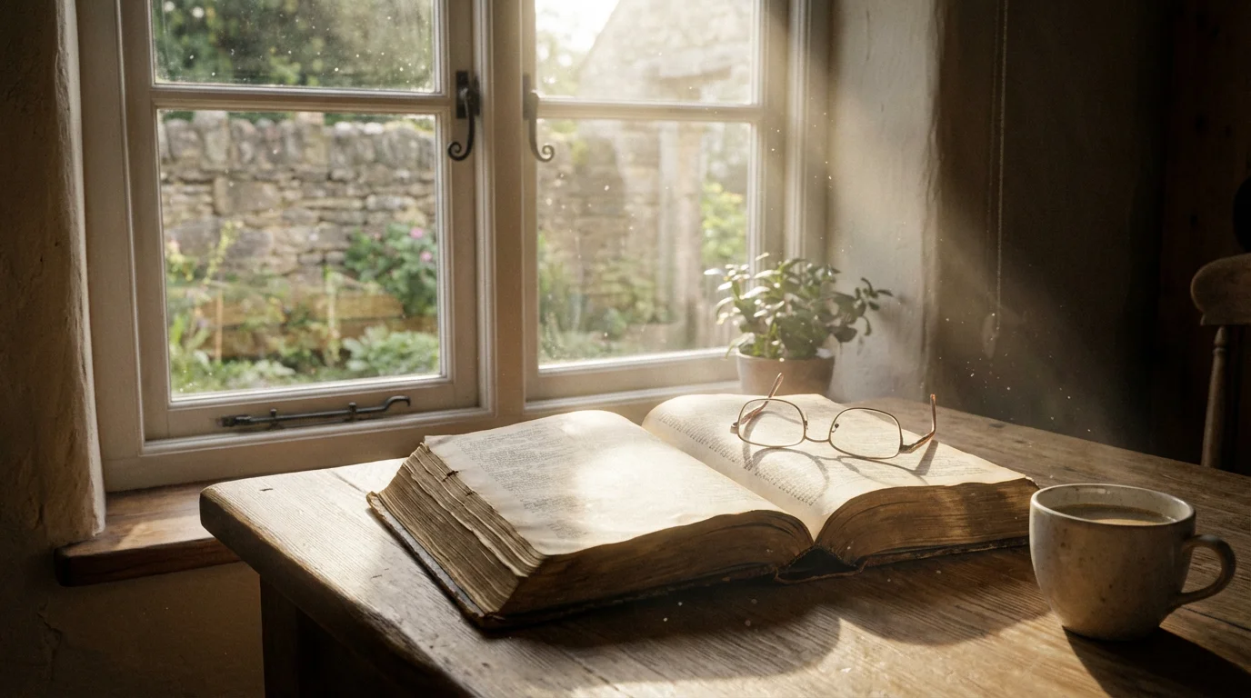 Open Bible by a window with soft morning light and a warm mug.