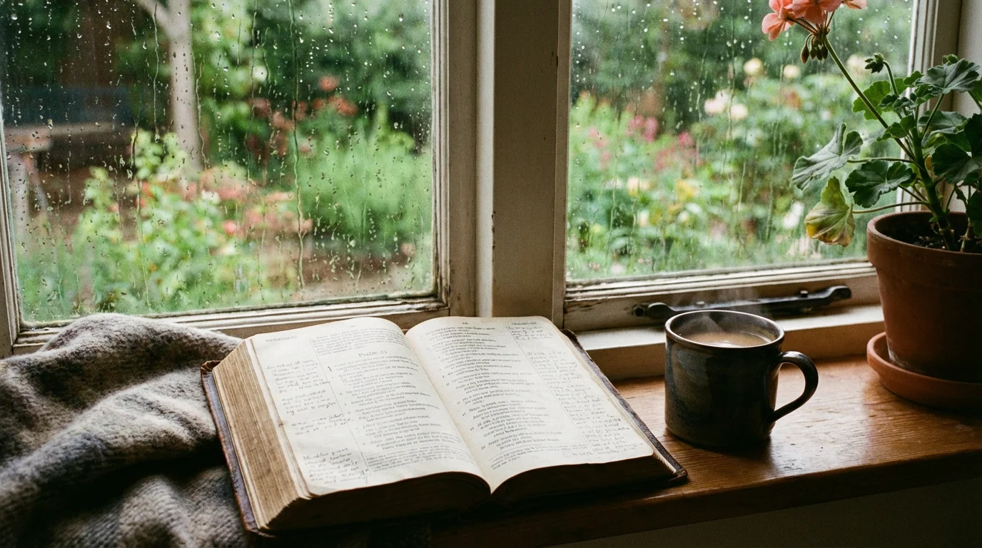 Open Bible at Psalms by a sunlit window with a steaming mug.