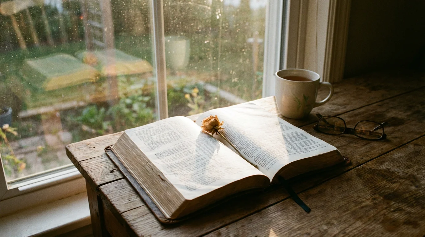 An open Bible by a window with soft morning light.