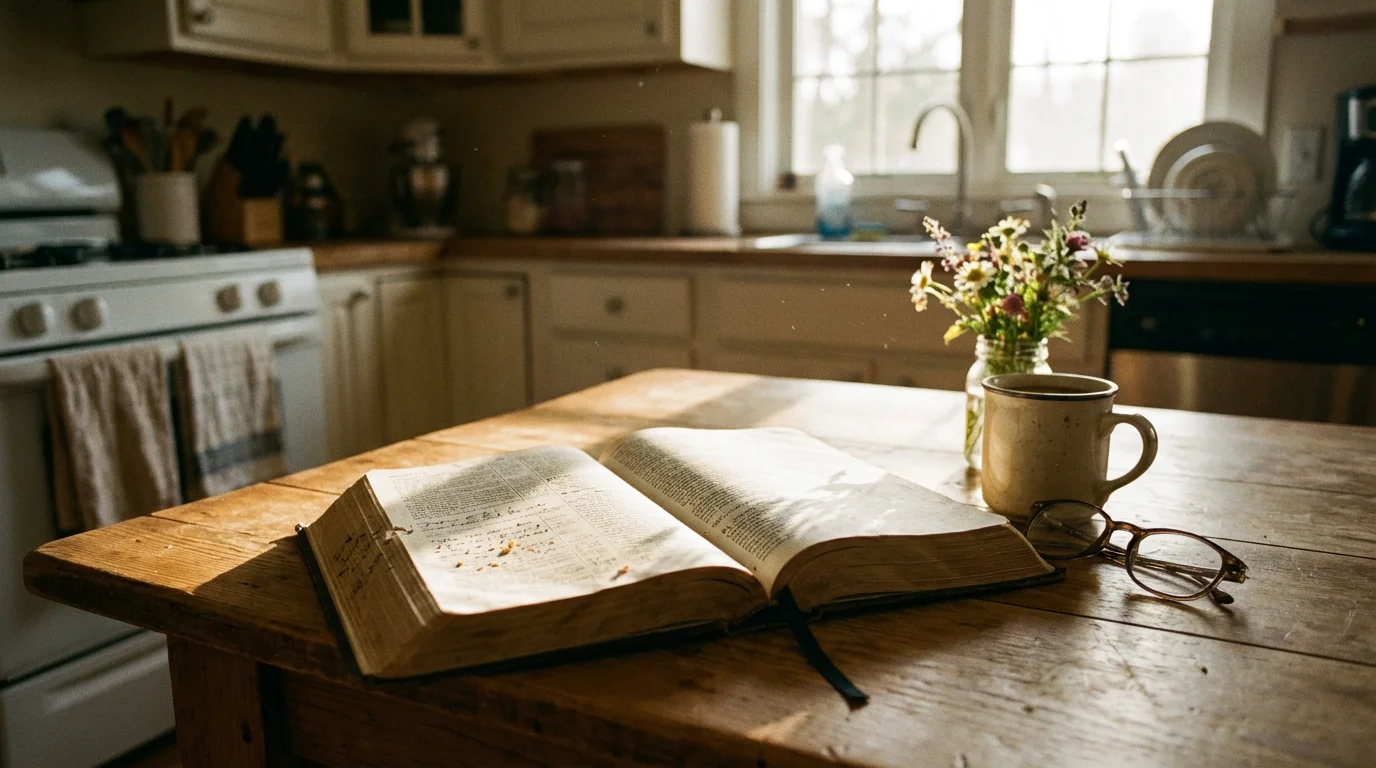 An open Bible on a kitchen table in gentle morning light.