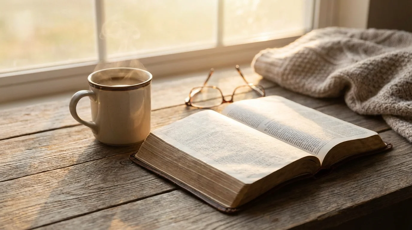 An open Bible with a coffee mug in morning light, inviting study.