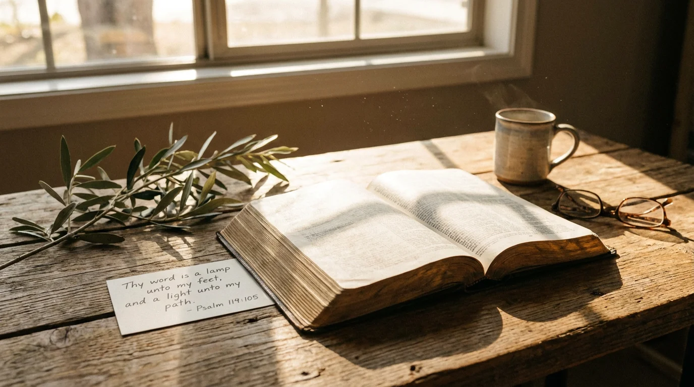 Open Bible and verse card on a sunlit kitchen table.