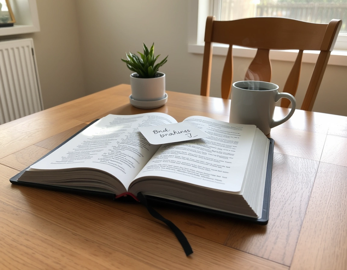 An open Bible on a kitchen table beside a warm mug in morning light.