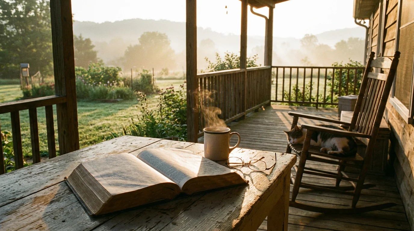A quiet porch scene with an open Bible and morning light.