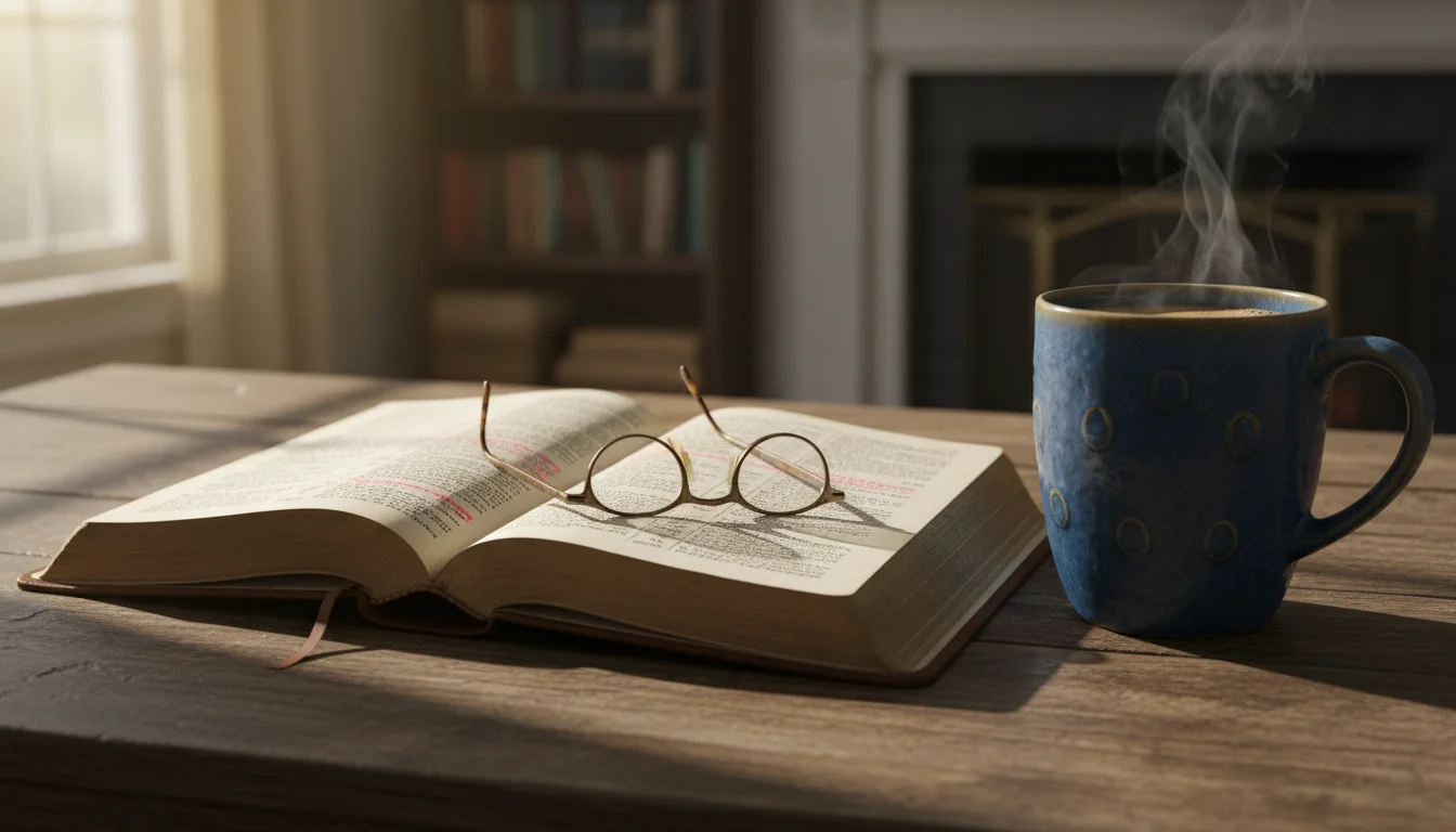 An open Bible on a wooden table in morning light beside a warm mug.