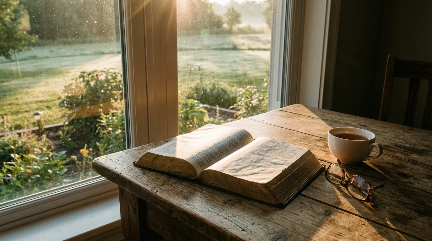 An open Bible by a window with morning light and a quiet, reflective mood.
