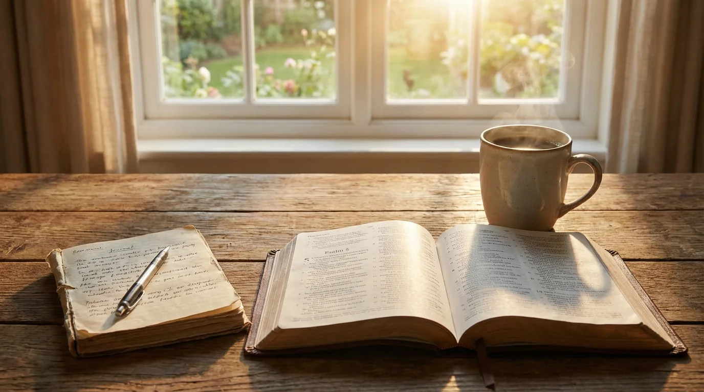 An open Bible in morning light beside a notebook and mug, inviting reflection.