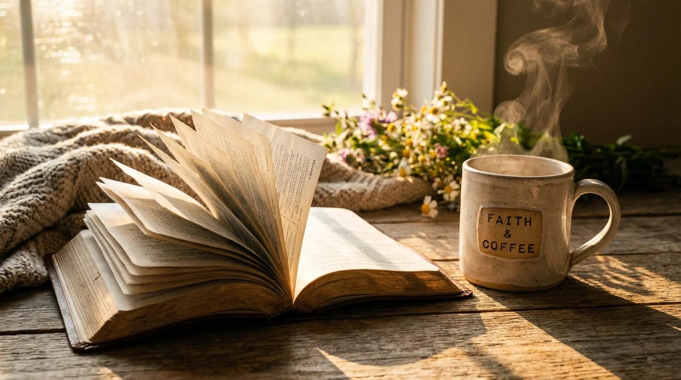 An open Bible by a mug in morning light, inviting quiet study.
