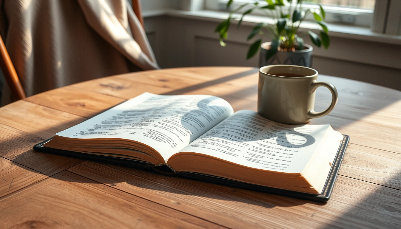 An open Bible in morning light on a wooden table beside a warm mug.
