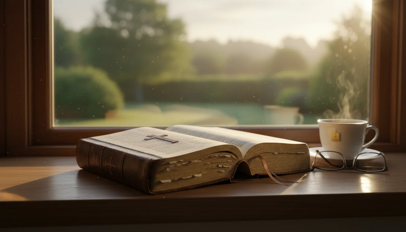 An open Bible by a window in soft morning light with a quiet, reflective mood.