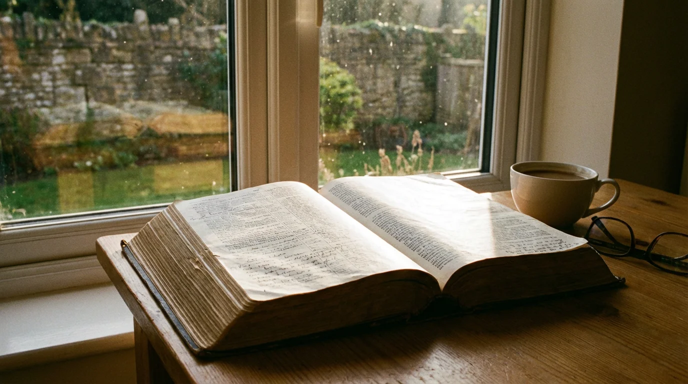 An open Bible by a window in soft morning light on a wooden table.