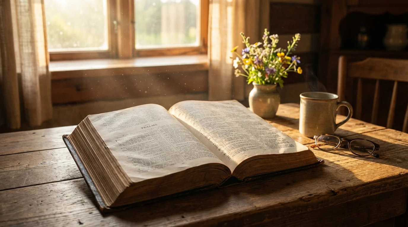An open Bible in morning light on a wooden table invites quiet study.