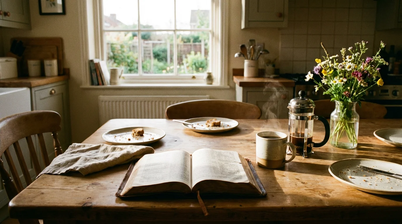 An open Bible on a kitchen table in morning light beside a coffee mug.