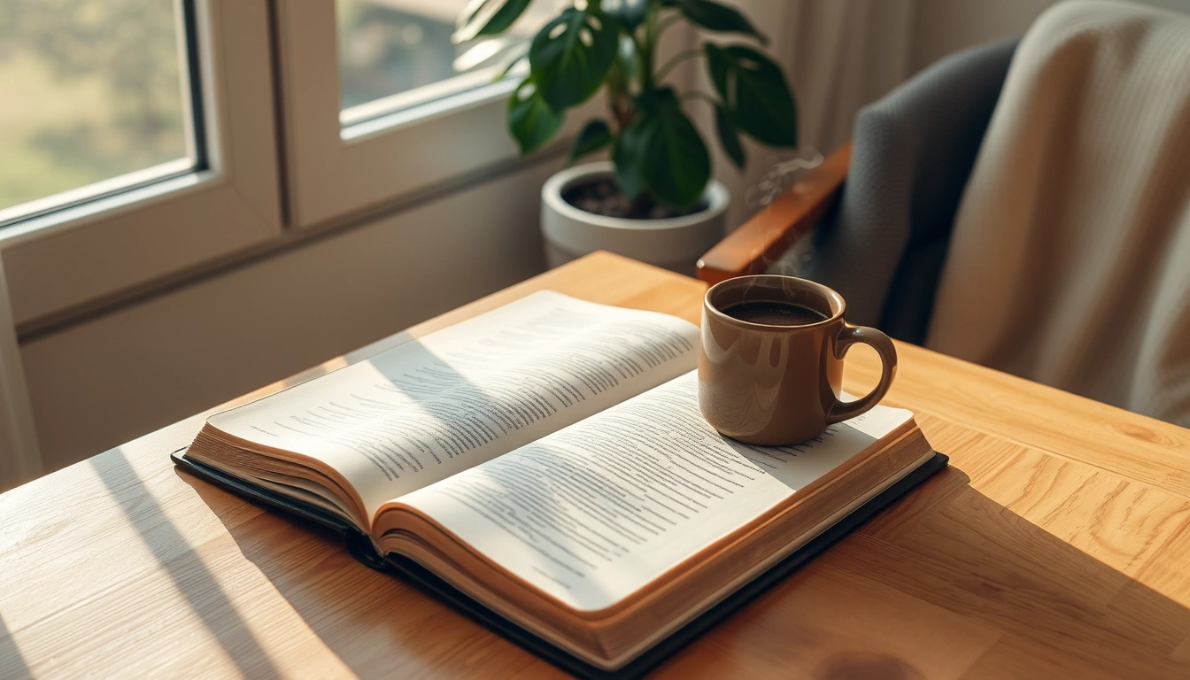 Open Bible in soft morning light on a wooden table.