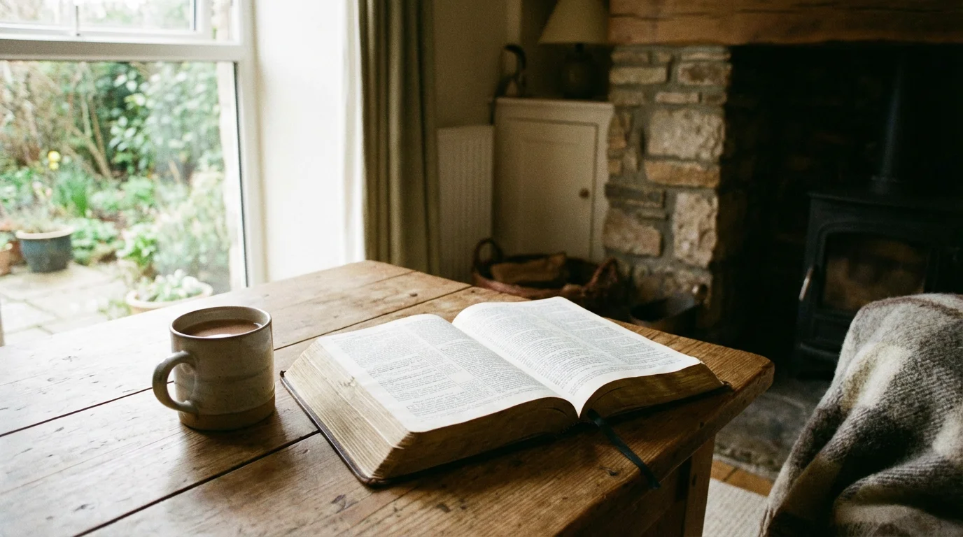 Open Bible on a wooden table by a window with soft light and a warm mug.