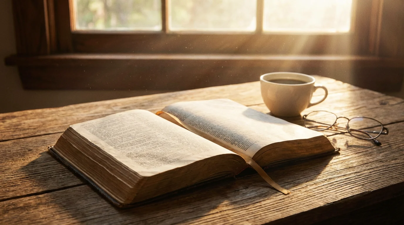 An open Bible on a wooden table in gentle morning light.