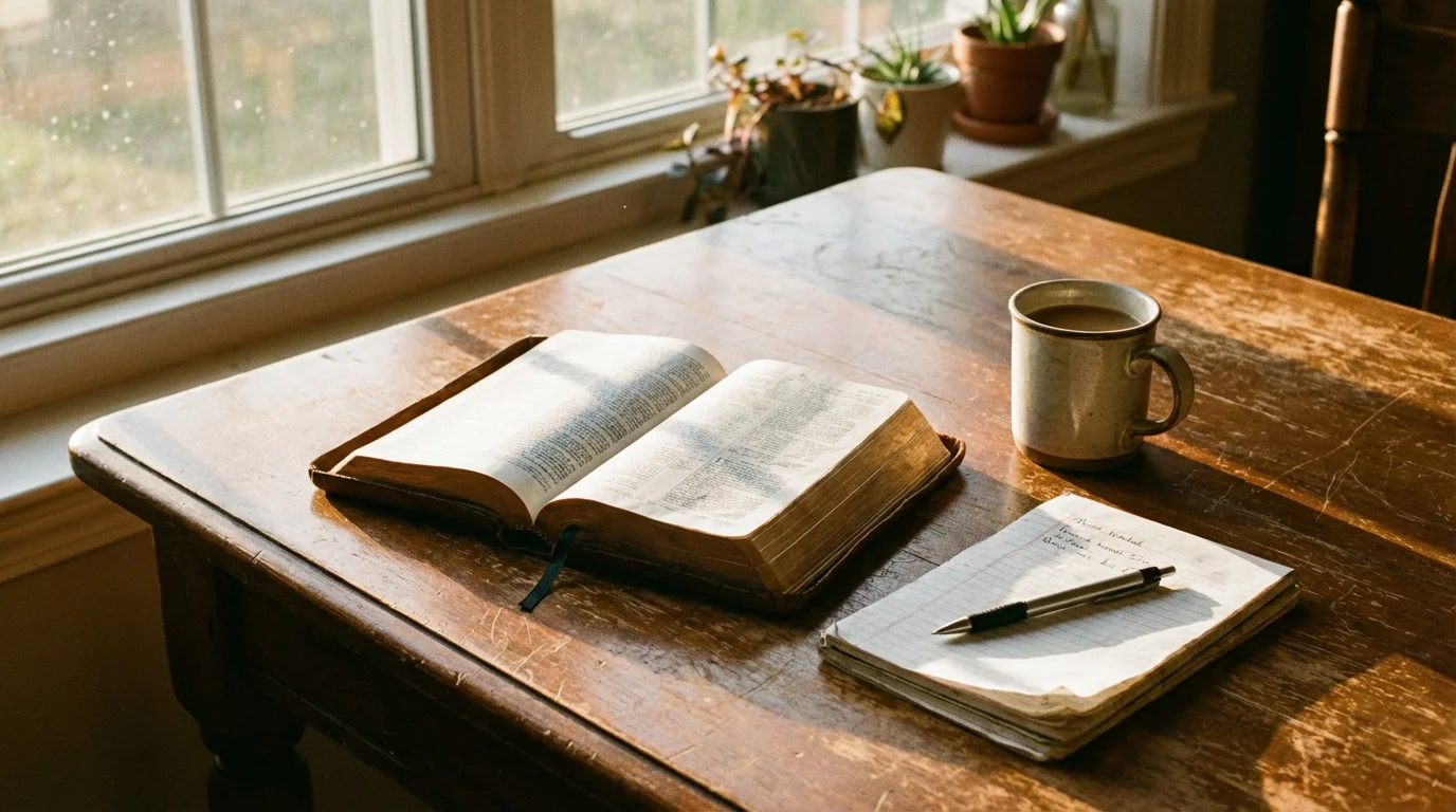 A sunlit Bible on a wooden table with a mug and notepad nearby.