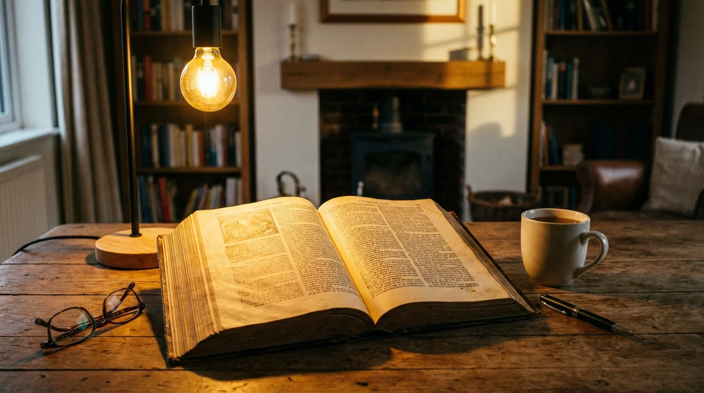 An open Bible on a wooden table under warm lamplight.