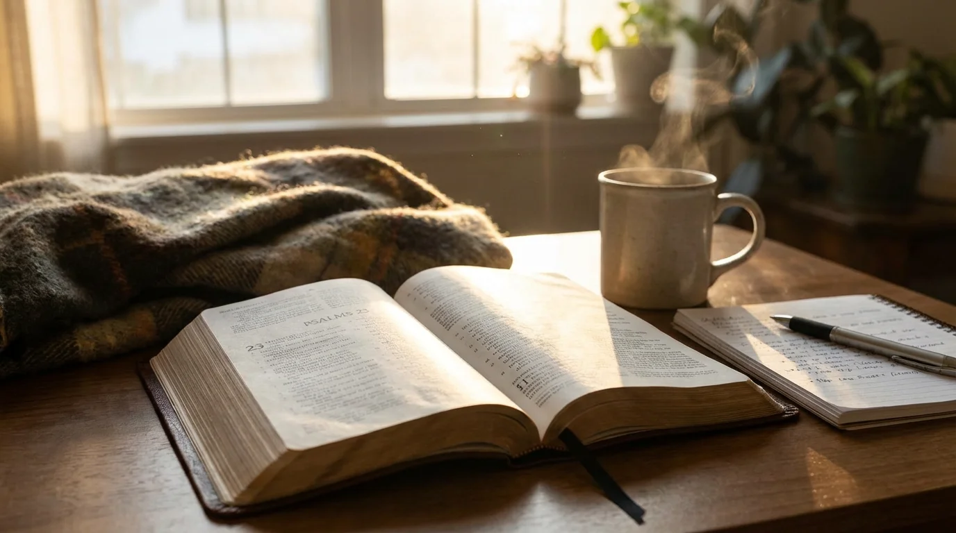 An open Bible to the Psalms in warm morning light beside a mug and notebook.