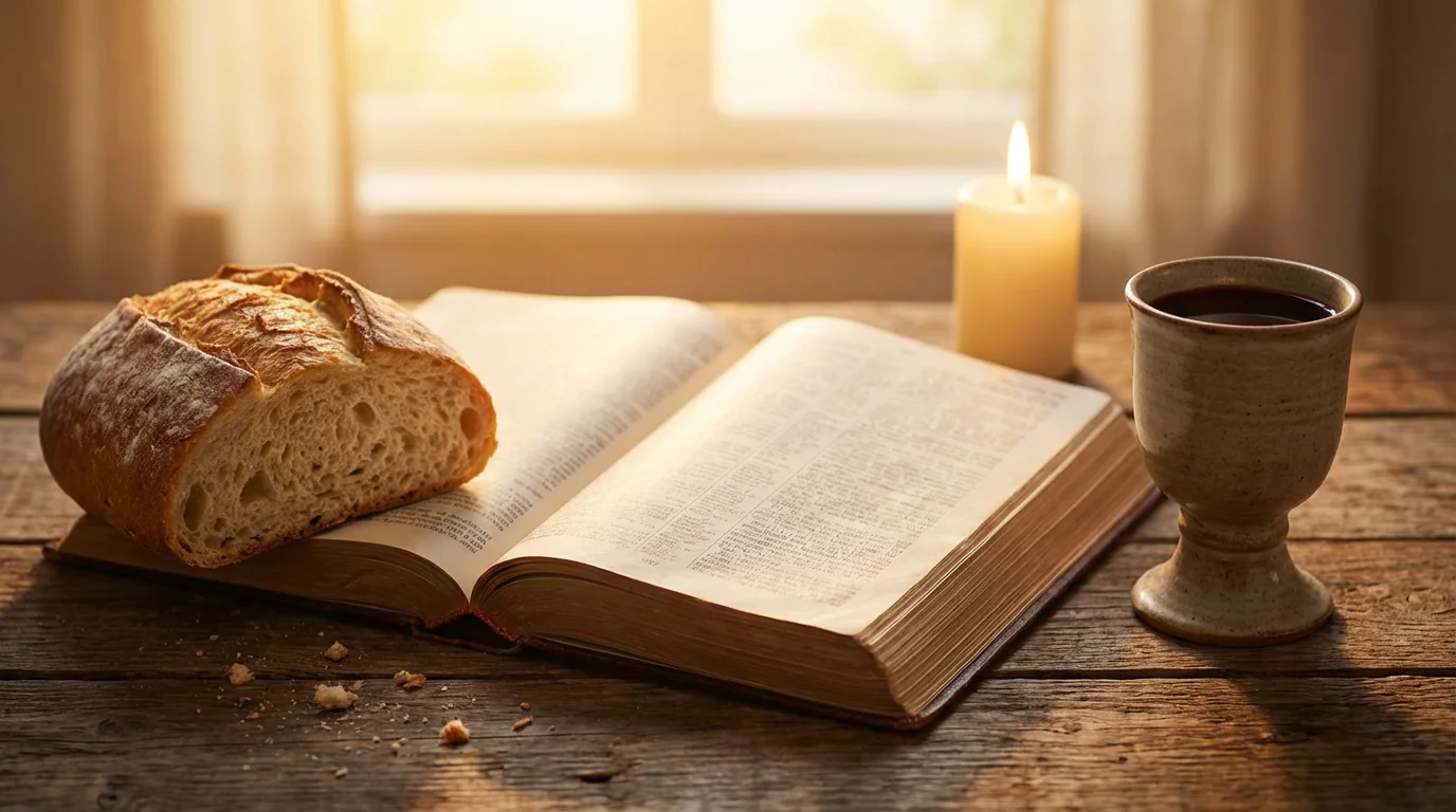 An open Bible with bread and a cup set beside it in warm light.