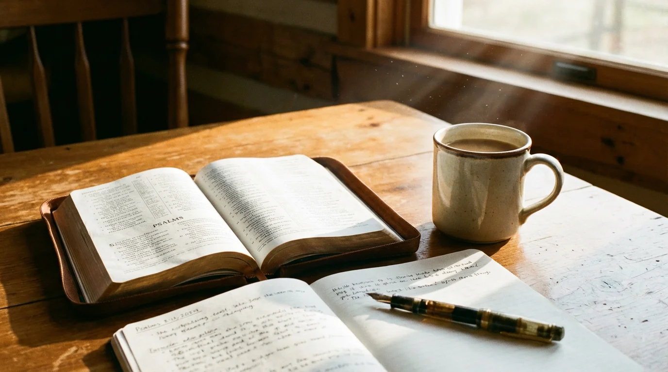 Open Bible with a notebook and pen in soft morning light.