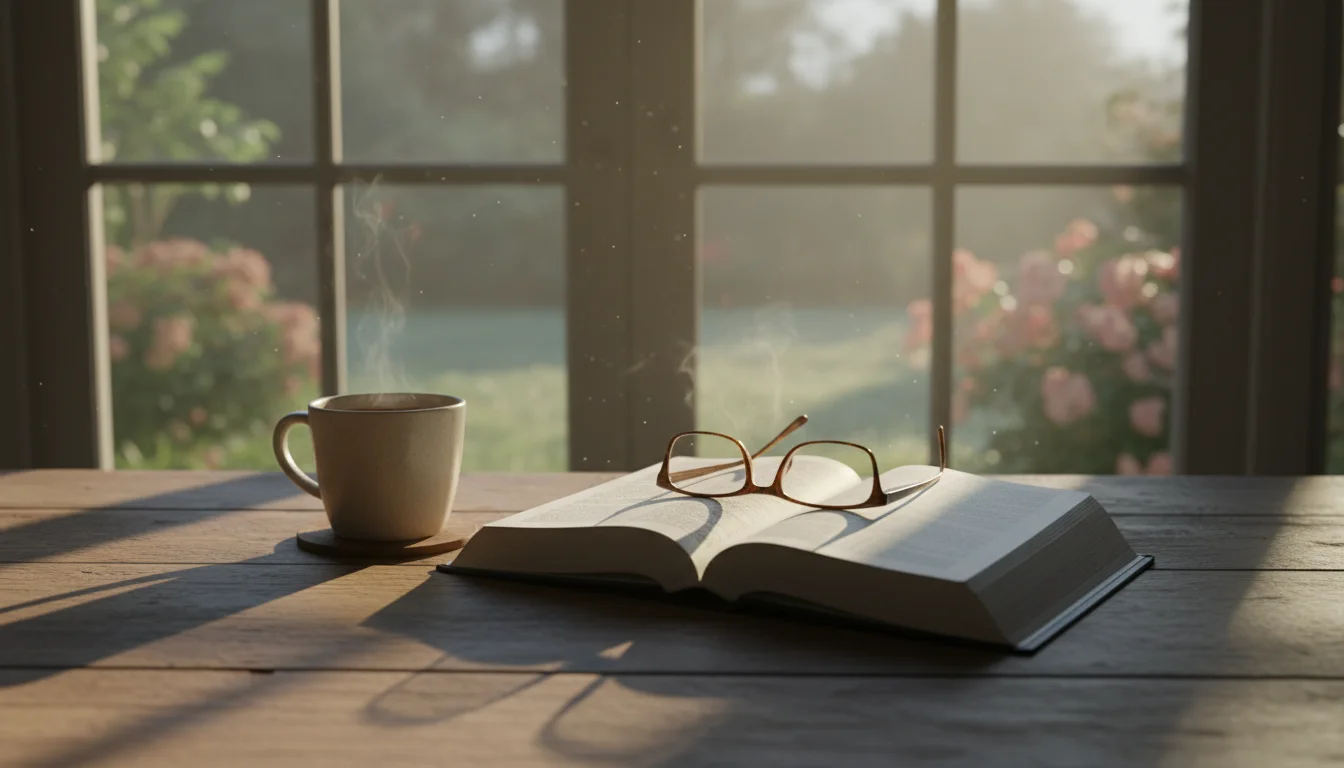 An open Bible by a window with soft morning light and a warm mug.