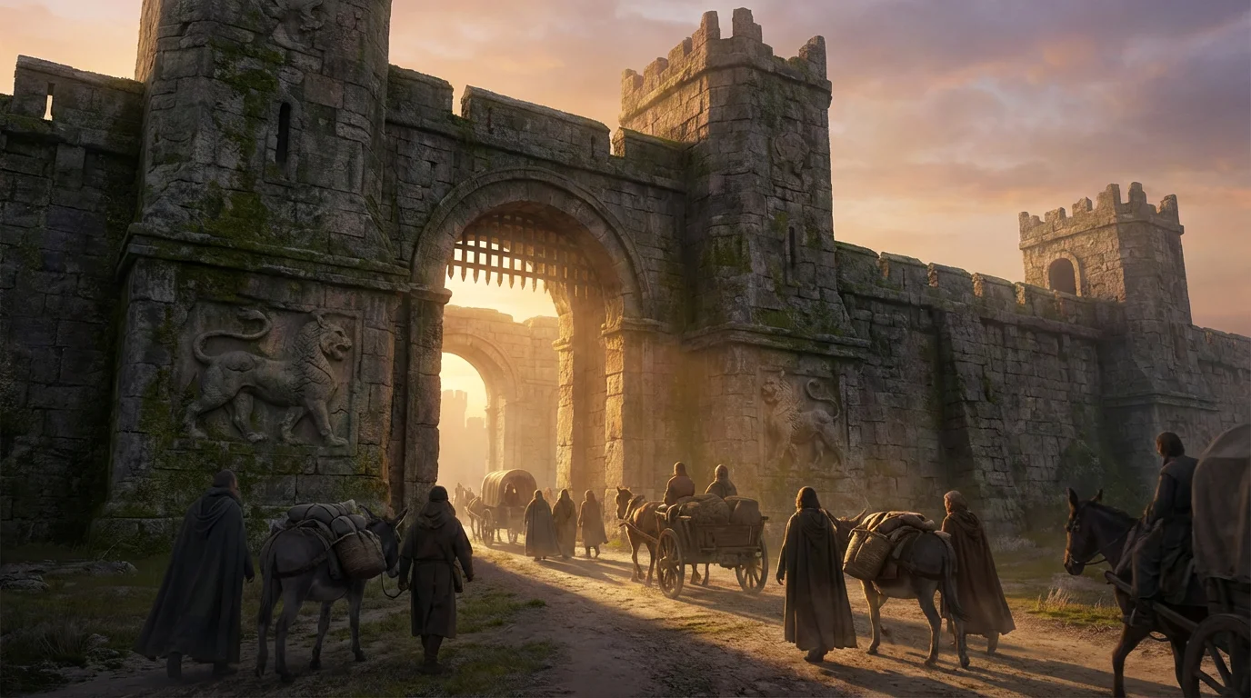 An ancient city gate opening at dawn as diverse travelers walk toward the light.