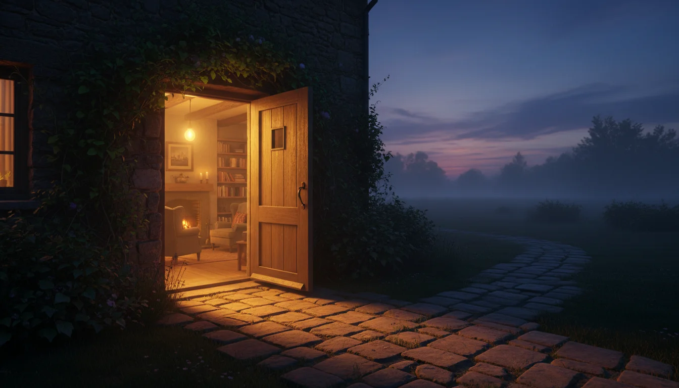 A warmly lit open front door at dusk suggesting welcome and conversation.