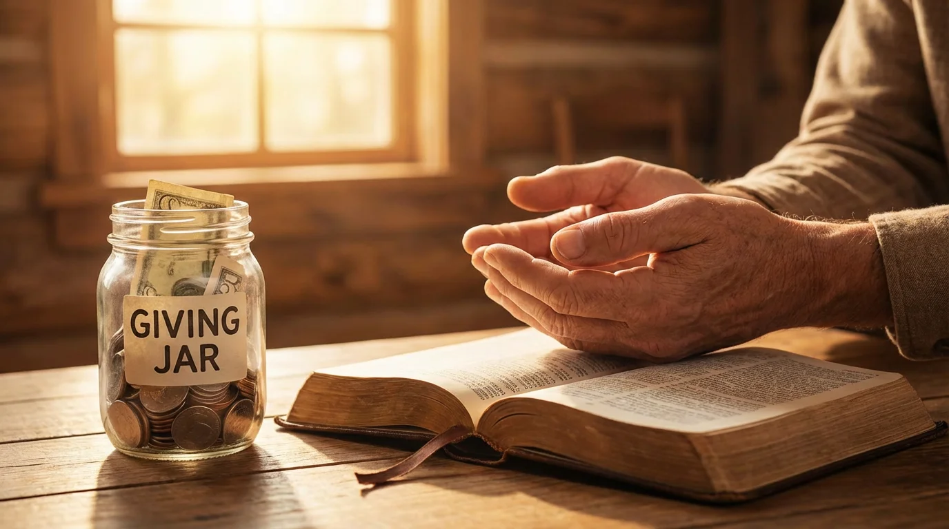 Open hands over a kitchen table with a Bible and a small giving jar.