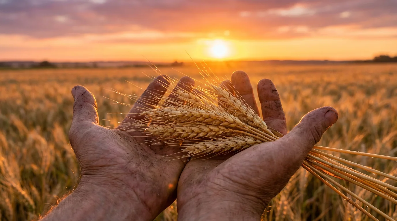 Open hands holding wheat at sunrise in a peaceful field.