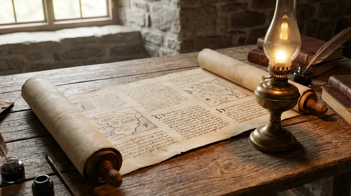 An open scroll and lamp on a wooden table evoke reflective study.