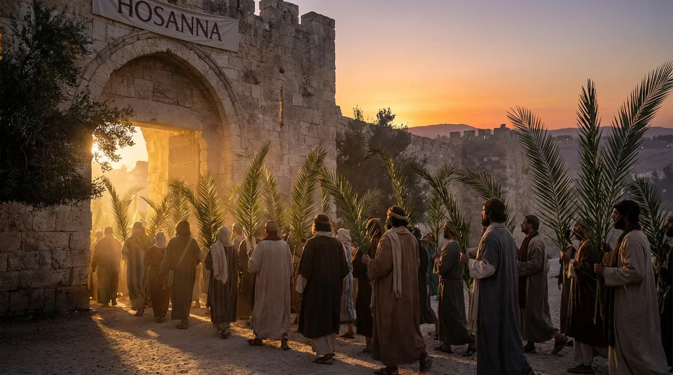 People with palm branches stand in quiet expectation near an ancient gate at sunrise.