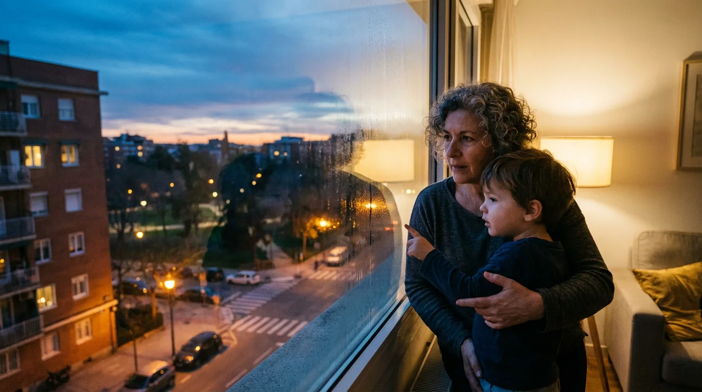 A caregiver sits with a child by a window at dusk, sharing a quiet moment.