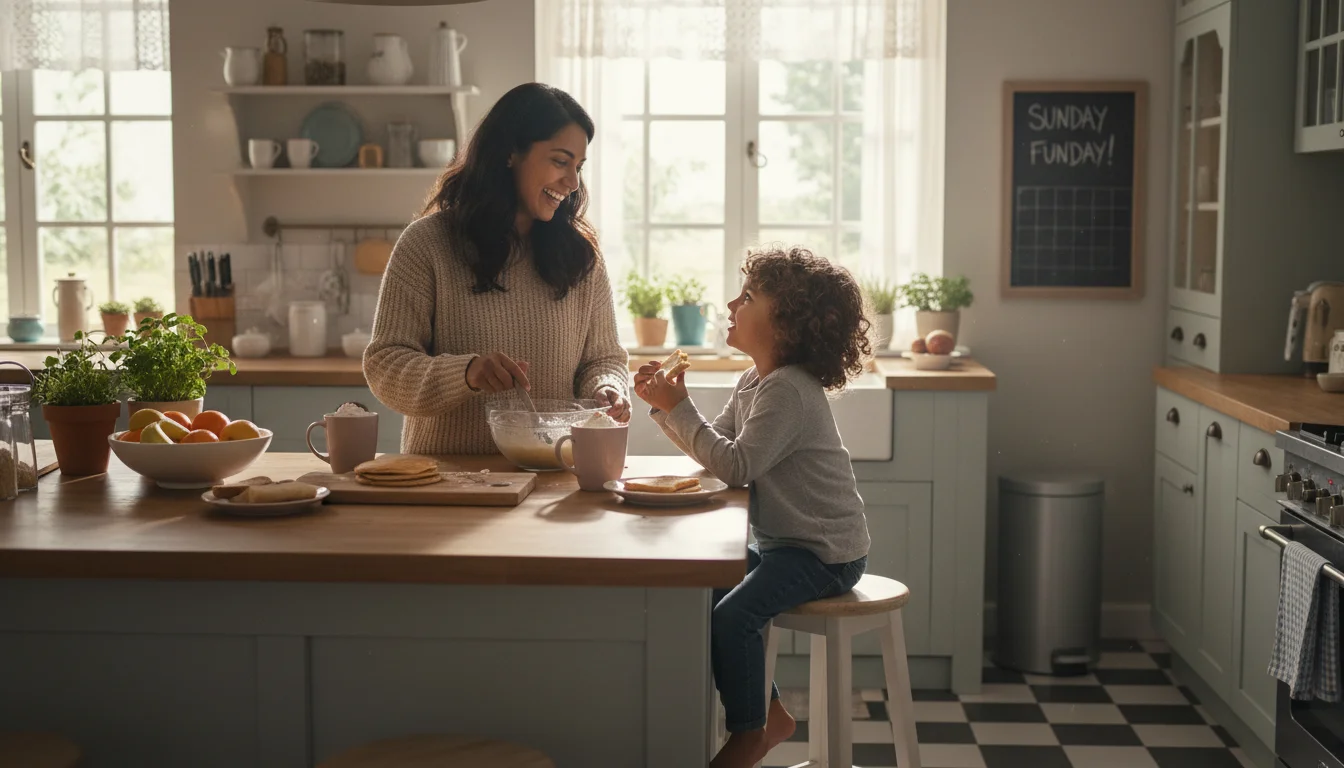 Parent and child share a calm morning conversation at a kitchen table.