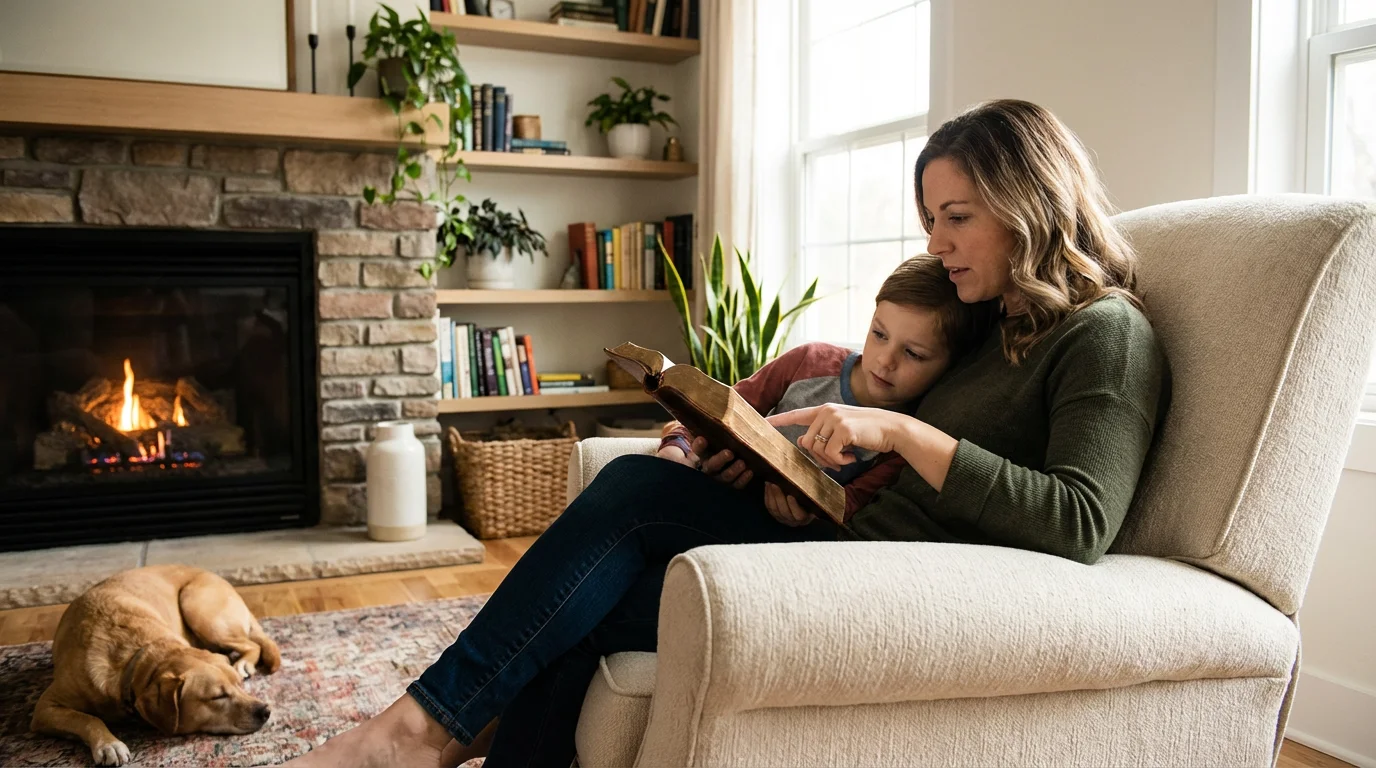 Parent and child reading the Bible together in a cozy living room.