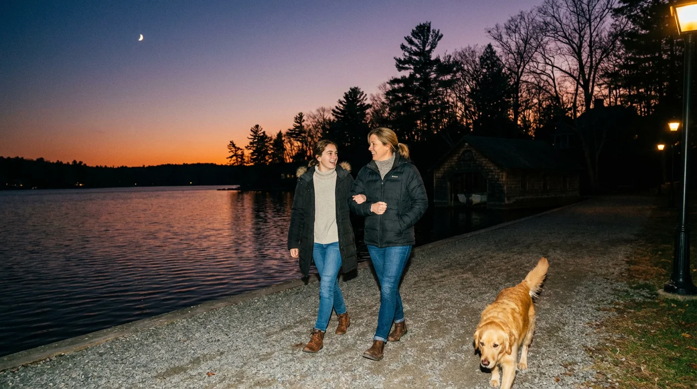 A parent and teen walk together by a lake at dusk.