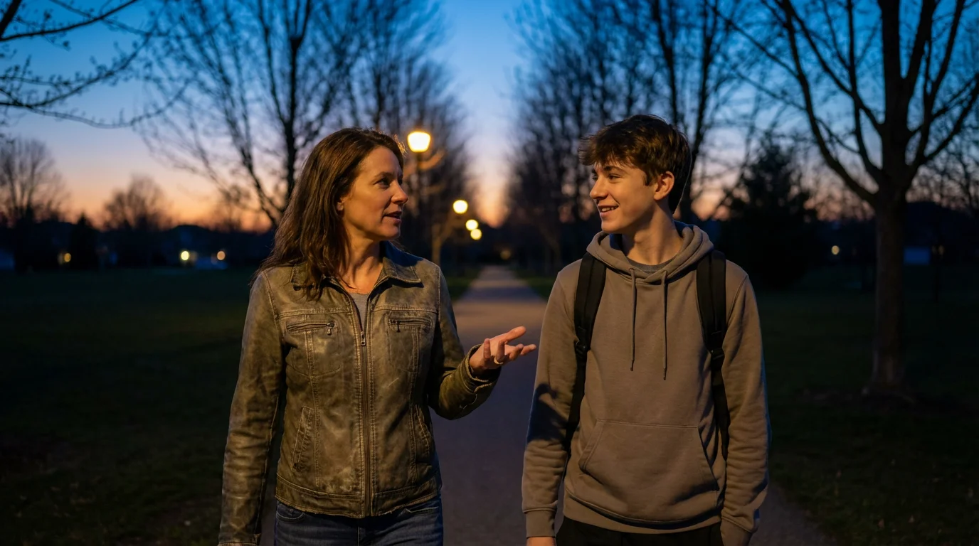 Parent and teen walking at dusk, sharing an unhurried conversation.