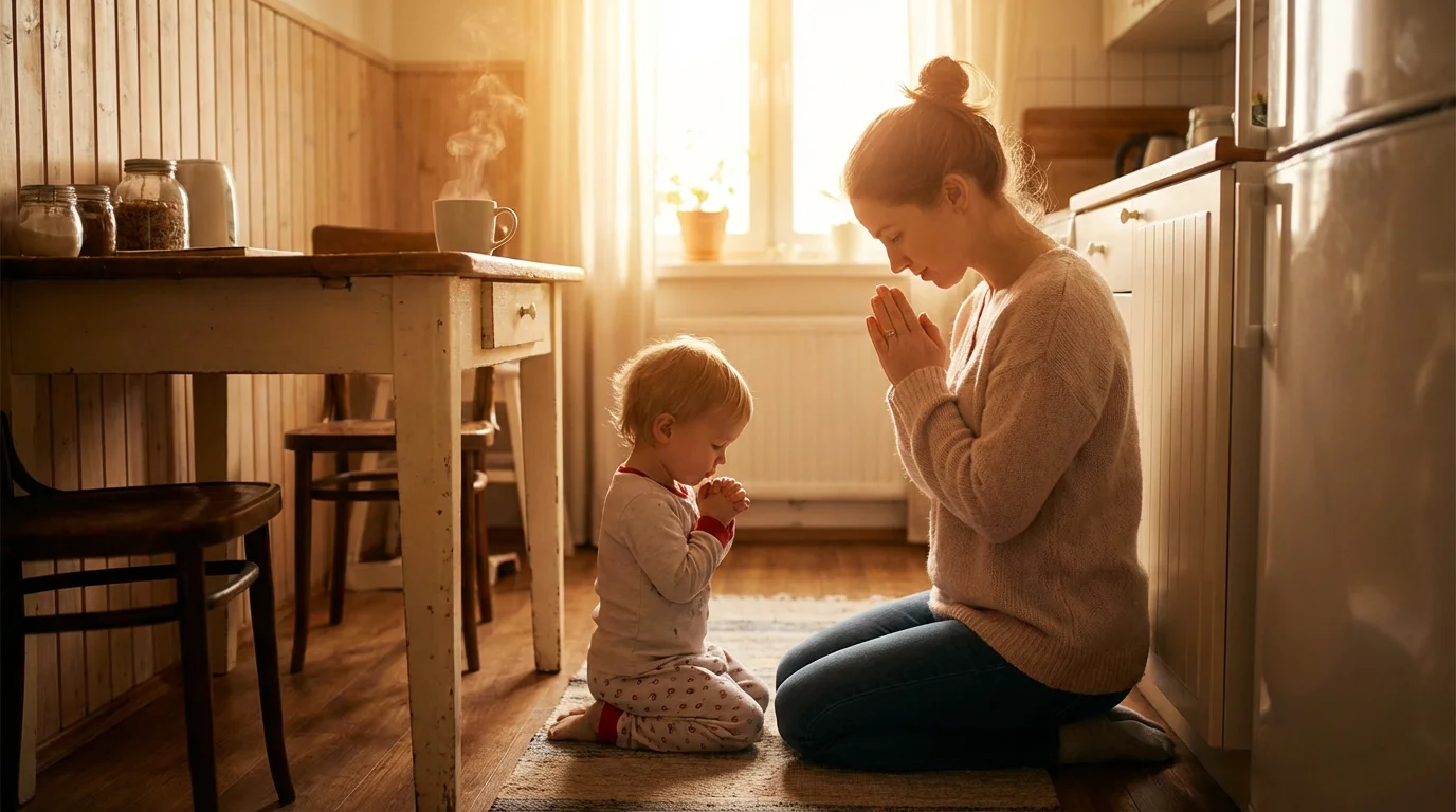 Parent and toddler share a brief morning prayer at the kitchen table.
