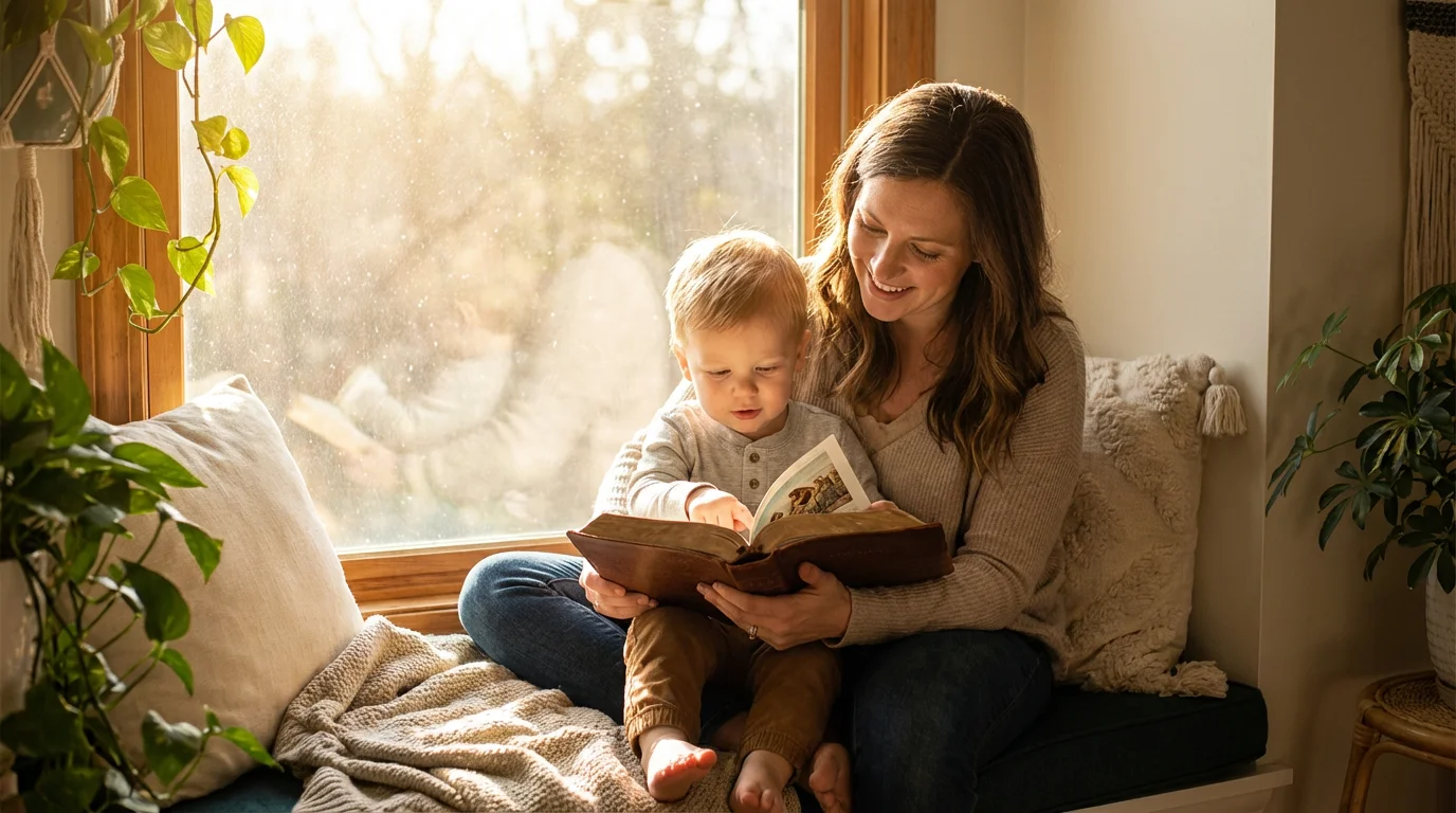 Parent and toddler quietly reading a children’s Bible near a sunny window.
