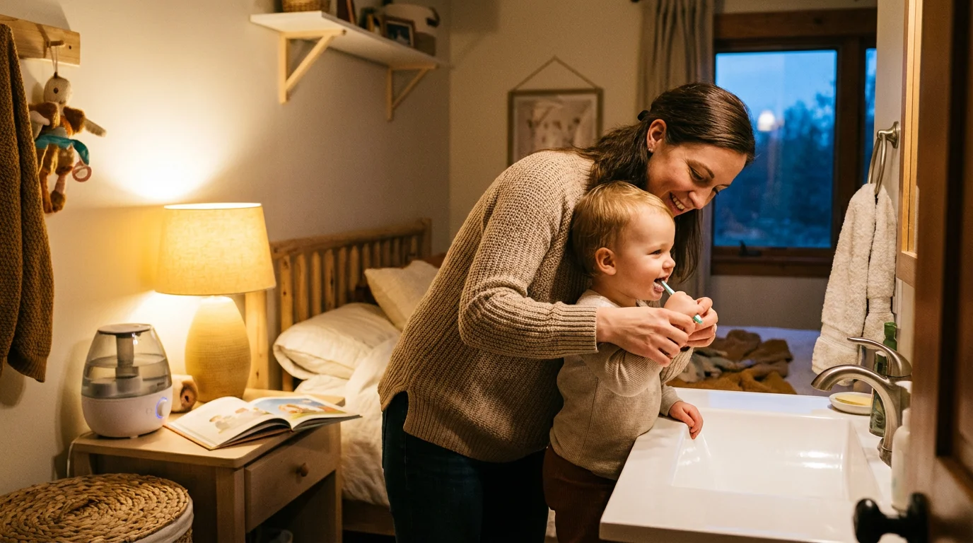 A parent calmly guiding a child during an evening routine at home.
