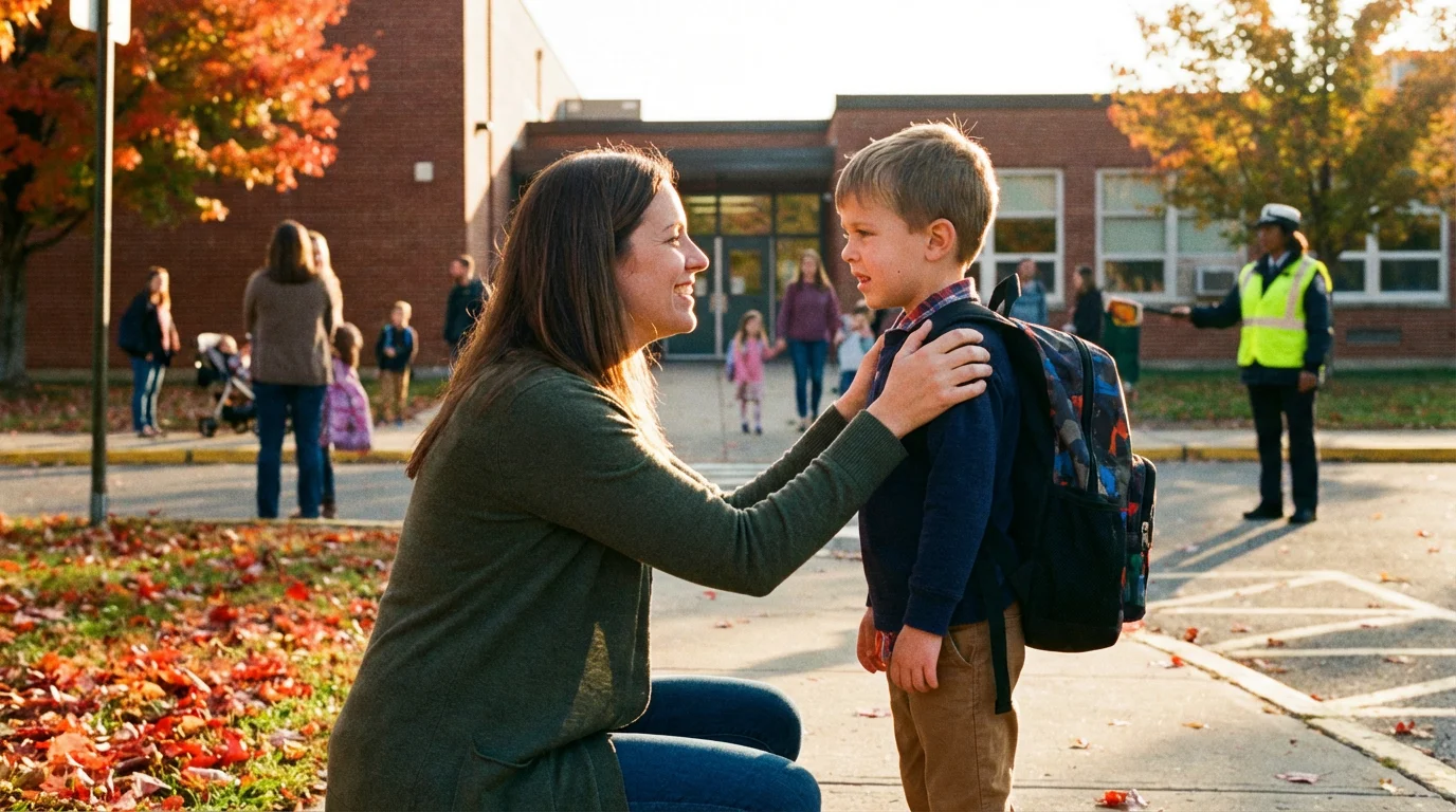 A parent steadies a child at the door, sharing a quiet moment before school.