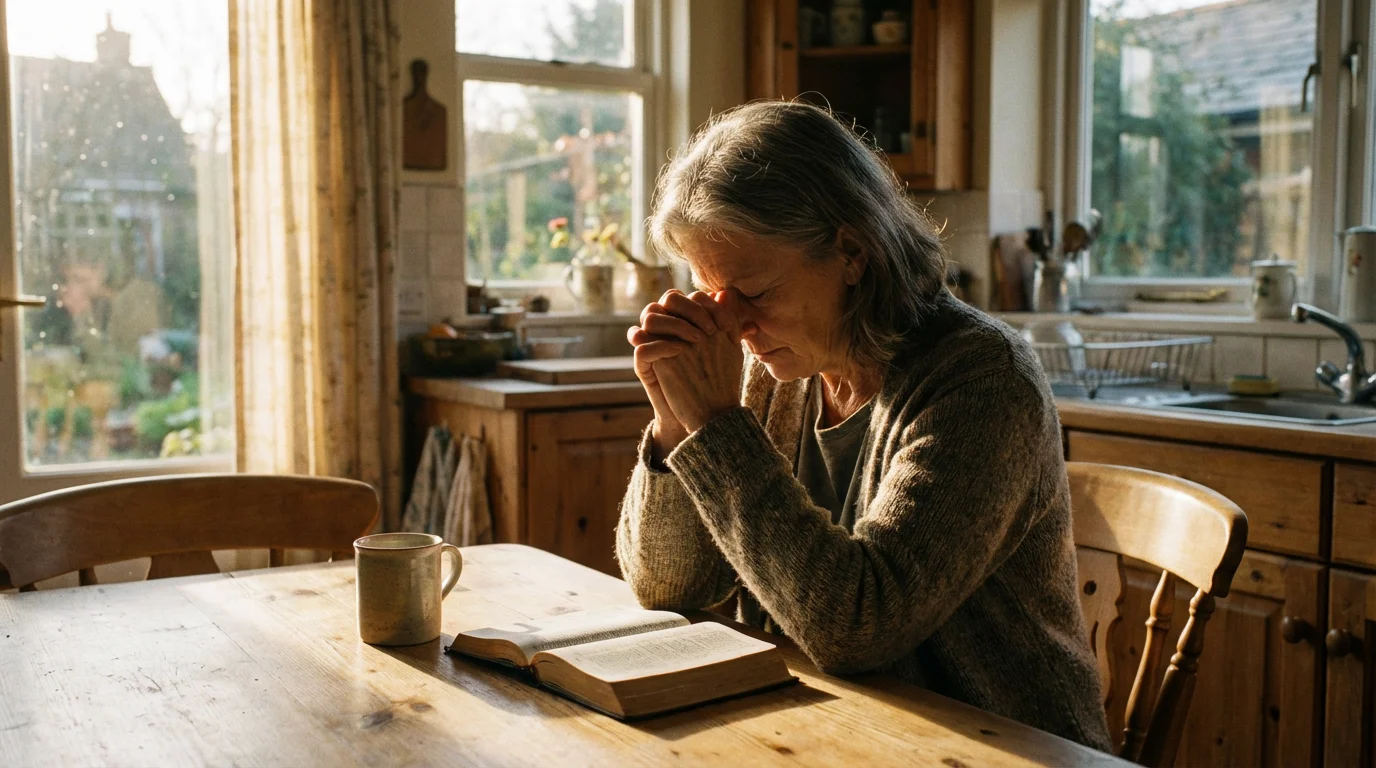 Parent praying quietly at a kitchen table in the early morning.