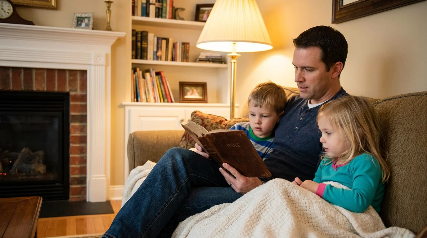 A parent reads a children’s Bible with two kids in a cozy living room.