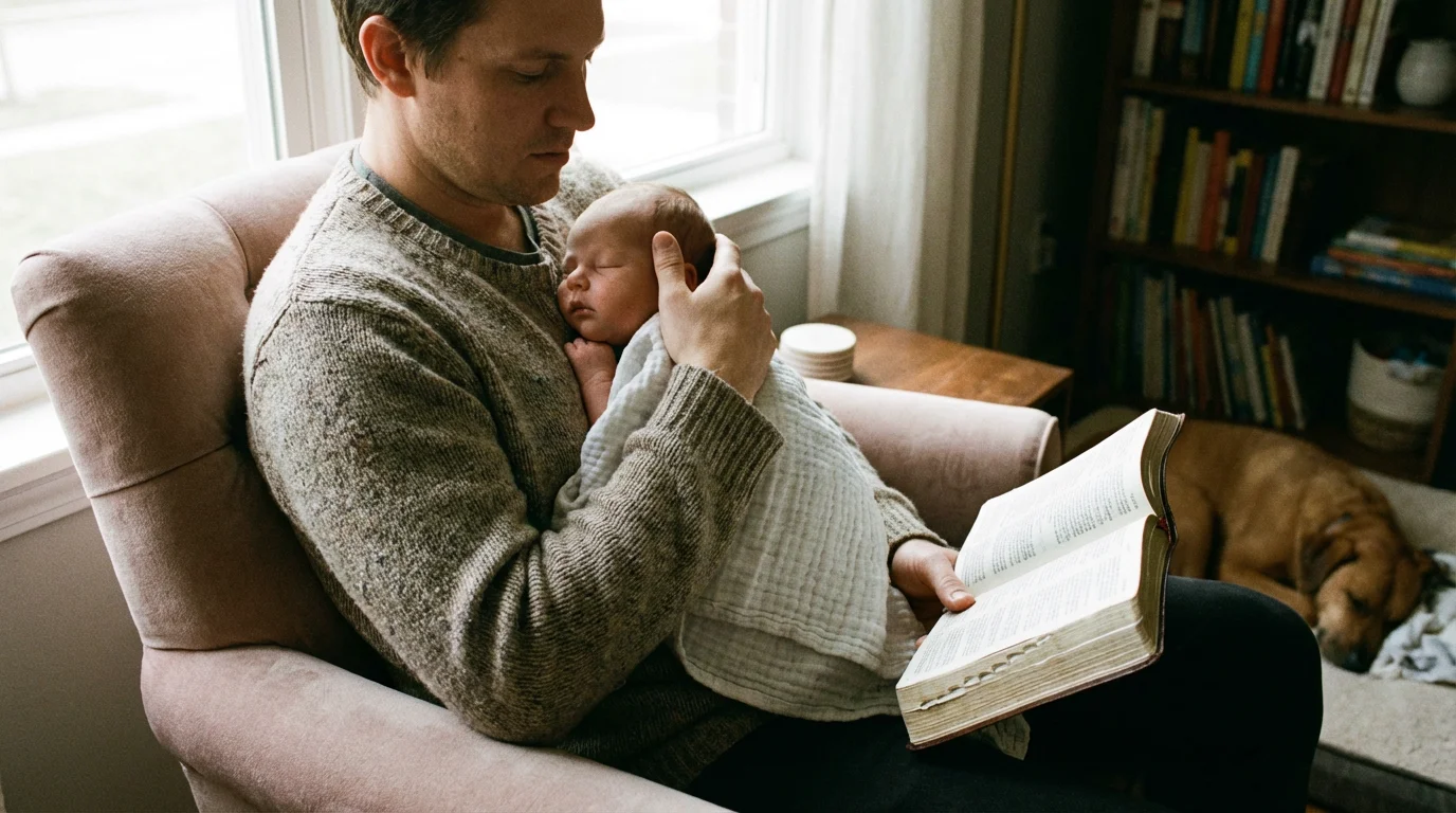 A parent reads softly from an open Bible while holding a sleeping newborn.