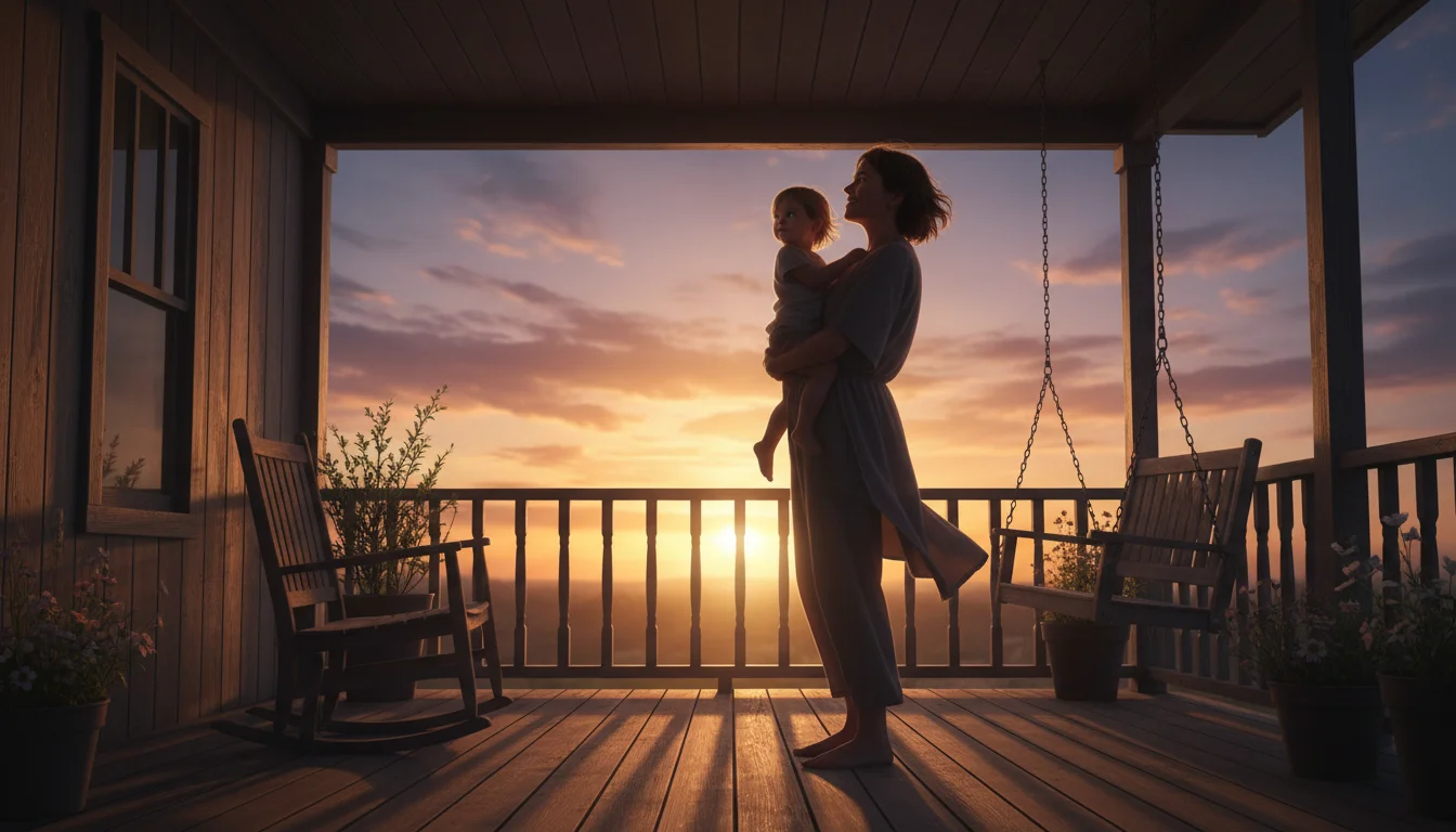 A parent stands on a porch at sunset, watching the road with a gentle, hopeful posture.