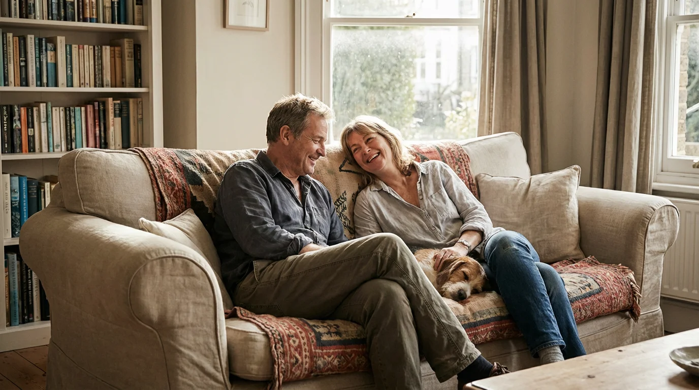 Parents relaxing together on a couch after putting the kids to bed.
