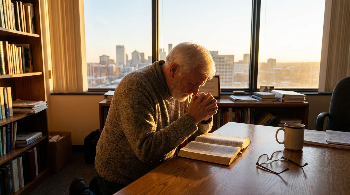 A pastor prays over an open Bible in a quiet office at dawn.