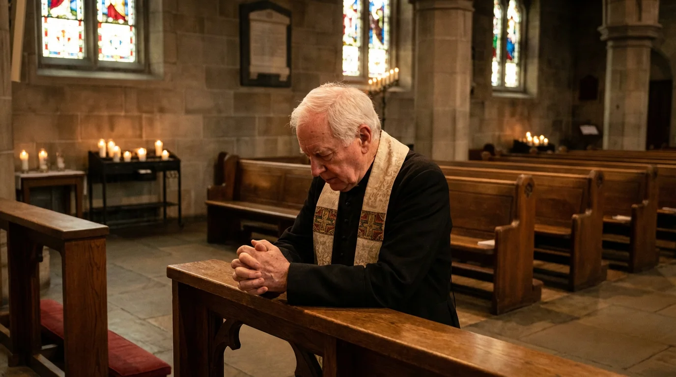 A pastor prays quietly in a softly lit sanctuary.