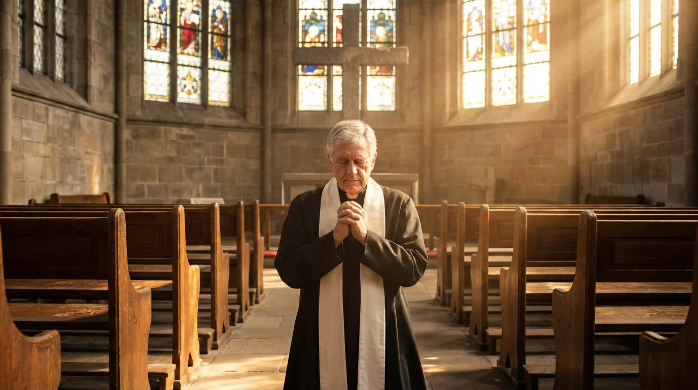 A pastor prays quietly in a sunlit sanctuary before the day begins.
