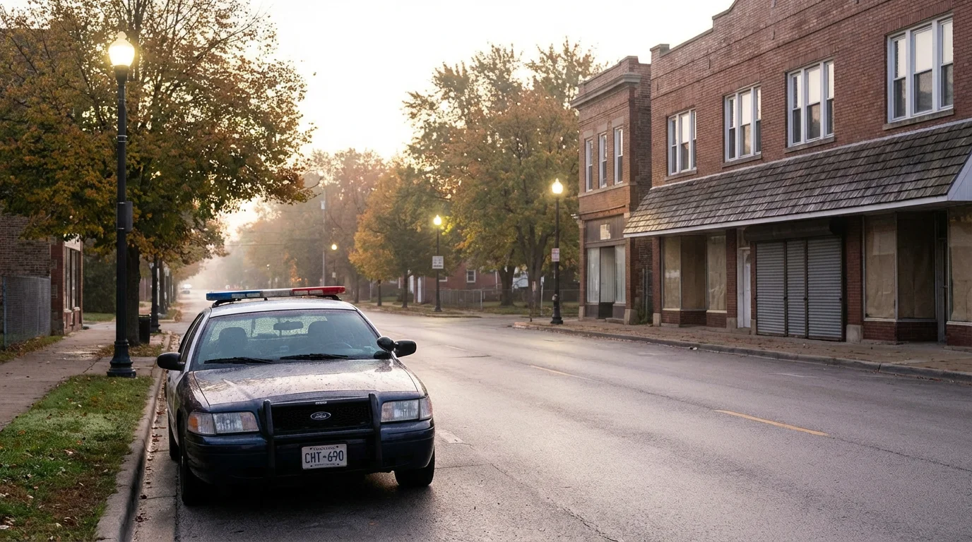 A patrol car parked on a quiet dawn-lit street, ready for the shift.